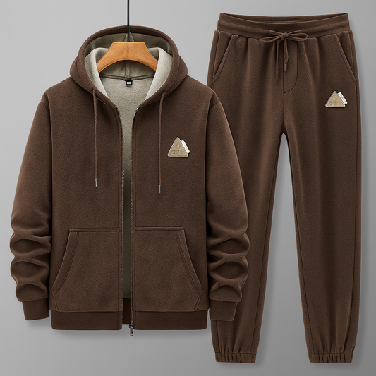 Fleece-Lined Thickened Casual Sporty Hooded Cardigan Sweatsuit (2-Piece Set)