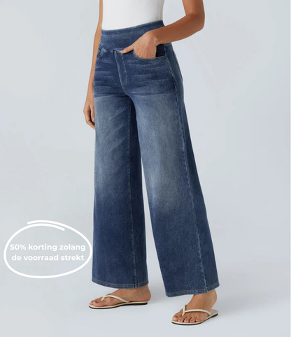 High-waisted elastic trousers
