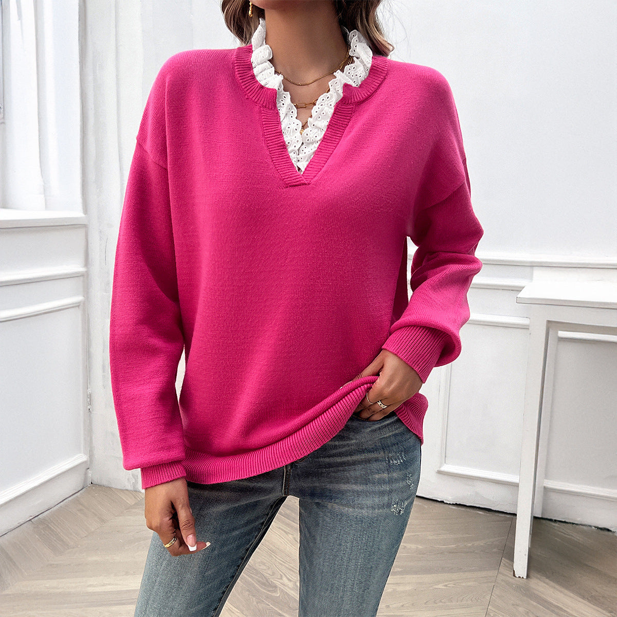 long-sleeve knitted sweater with lace trim