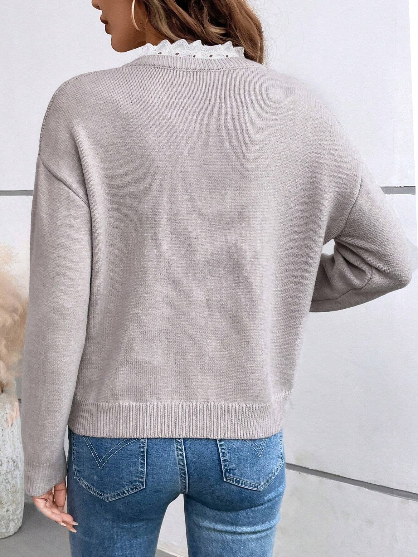 long-sleeve knitted sweater with lace trim