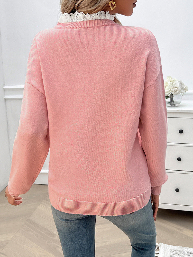 long-sleeve knitted sweater with lace trim